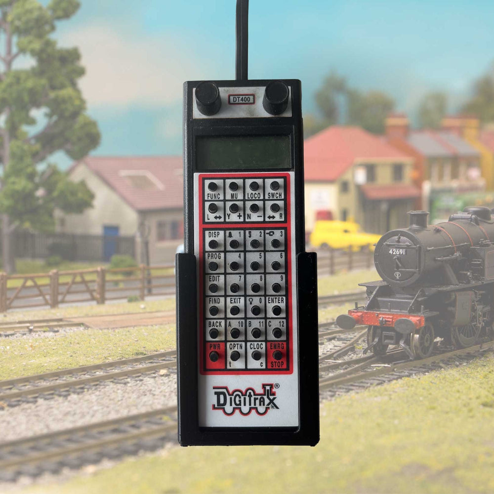 Modeil Railway DCC Controller Holder with Digitrax DT400 controller installed