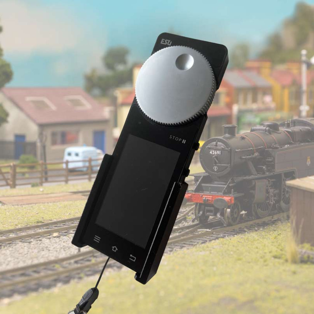 Model railway DCC controller holder with ESU controller