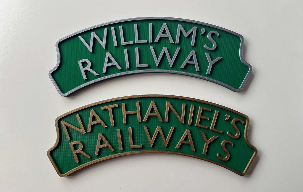 Personalised 3d printed Train headboard door plaque sign – add two lines of text, choose your colours, a must for any train enthusiast